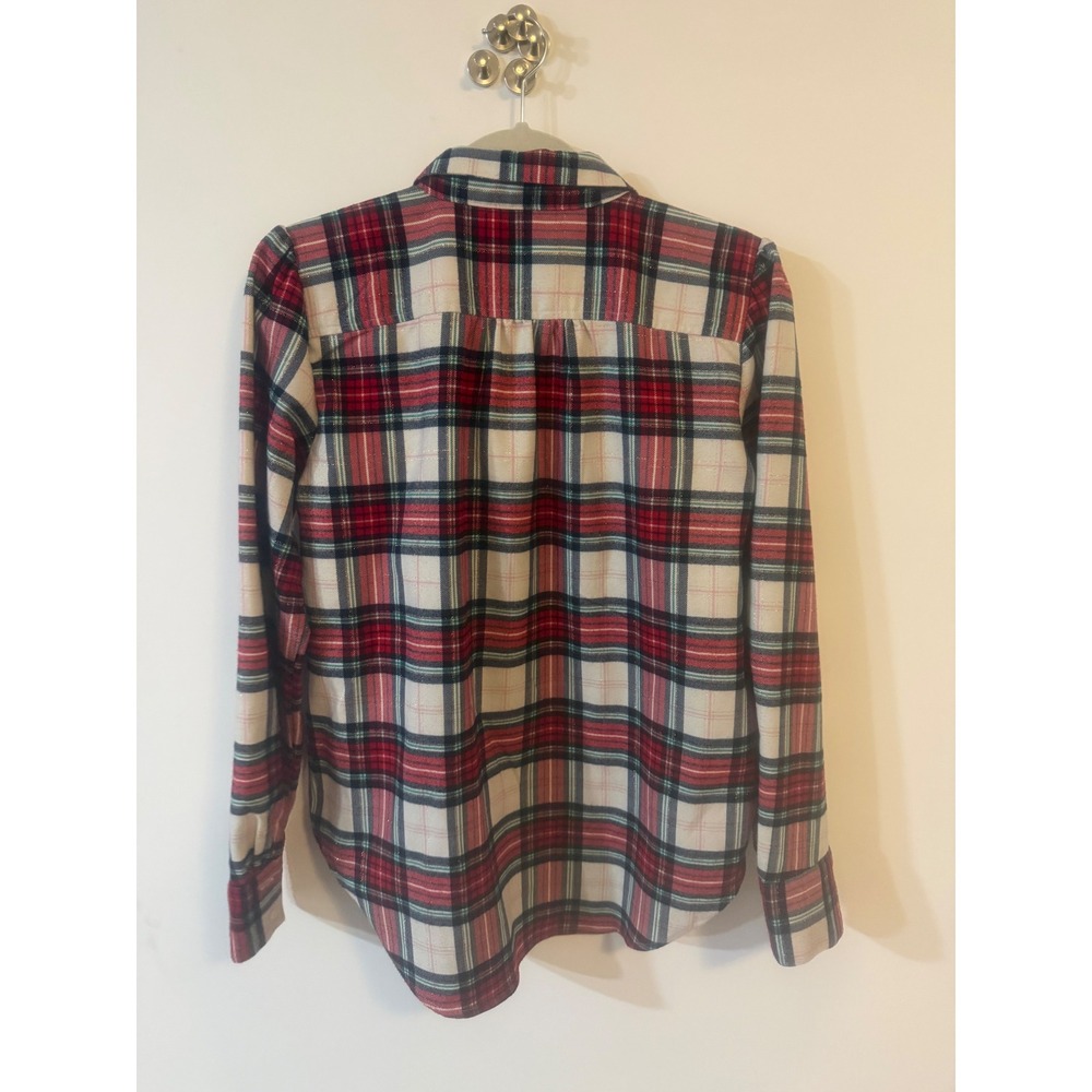 LOFT Red Navy White Metallic Plaid Flannel Button Down Shirt Small - Picture 3 of 6